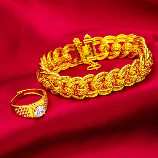 Classic Elegant Men's Ornament Simulation Gold Long Non-fading Gold-plated Brass Bracelet
